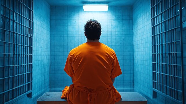 solitary figure of a man in an orange jumpsuit seated on a prison cell bench, back view capturing the essence of confinement, emotional turmoil, and the stark reality of incarceration
