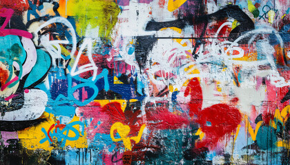Fototapeta premium A graffiti-covered urban wall, showcasing vibrant colors, bold lines, and an edgy, artistic vibe
