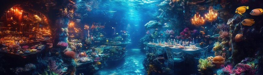 Obraz premium Side view, a surreal culinary art festival under the sea, vibrant colors and whimsical dishes, marine creatures dining elegantly, magical underwater ambiance