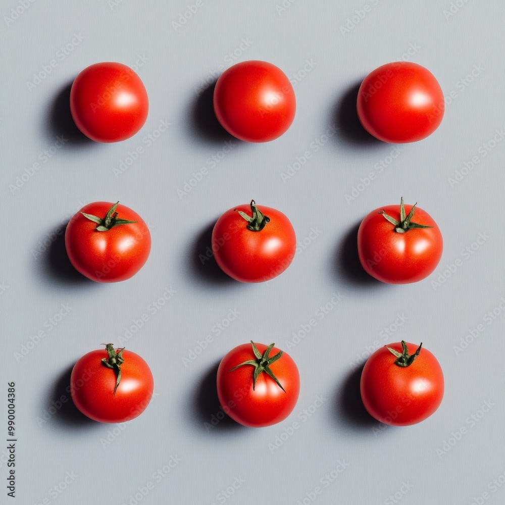 Fototapete aerial view of geometrically arranged red tomatoes on gray background in a symmetrical pattern