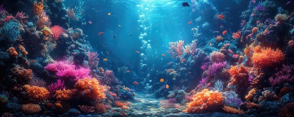 Fototapeta premium Side view of a vibrant fantasy kingdom, deep underwater, shimmering corals and glowing sea creatures, magical ambiance