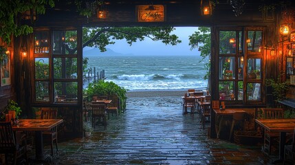 Obraz premium Coastal Cafe View with Stormy Sea and Wet Stone Floor