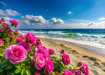 Vibrant Beach Roses Blooming by the Seashore with Soft Waves and Sandy Beach in Background