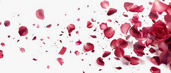 Rose petals falling down on a white background, with aesthetic style and pastel colors, wide angle lens, professional color grading, and white space around the edges.