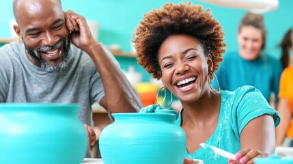 Joyful Pottery Workshop Adults Engaged in Creative Clay Craft with Laughter and Collaboration