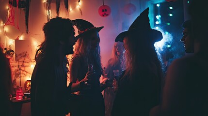 Fototapeta premium A group of friends dressed in Halloween costumes at a house party, with spooky decorations and dim lighting.