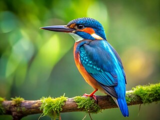 Fototapeta premium Vibrant Blue Kingfisher Perched on a Branch Against a Natural Green Background in Soft Light