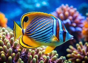 Vibrant Blue Striped Butterflyfish Swimming Through Coral Reef in Crystal Clear Ocean Waters