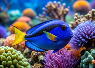 Vibrant Blue Tang Fish Swimming Gracefully in Clear Tropical Waters of a Coral Reef Ecosystem