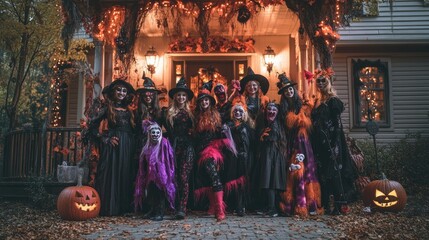 Naklejka premium A group of friends in Halloween costumes posing for a photo in front of a decorated house.