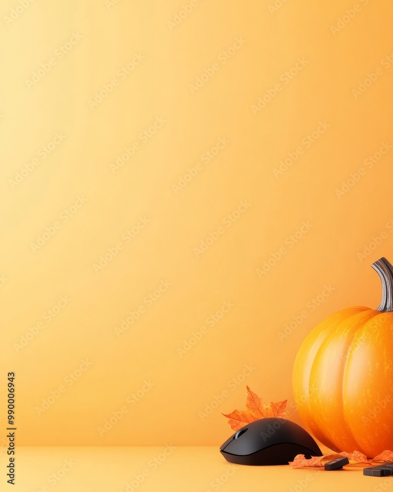 Aufkleber minimalist halloween technology concept with computer mouse and pumpkin on orange background