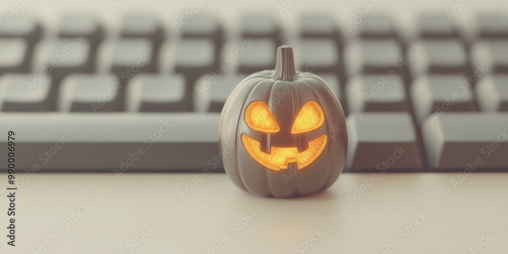 Aufkleber minimalist halloween keyboard with glowing pumpkin key - technology and spooky design