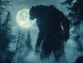 Obraz premium Mysterious werewolf silhouette against a full moon