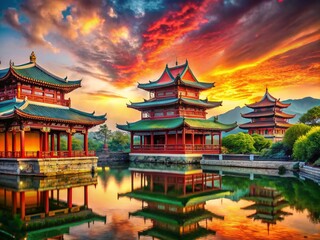 Obraz premium Vibrant Chinese Illustrations Showcasing Culture, Traditions, and Artistic Heritage in Bold Colors