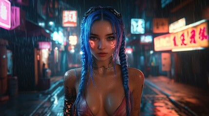 Fototapeta premium Cyberpunk Woman in Rain