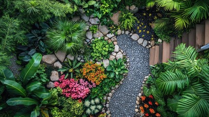 Obraz premium Utopian garden paradise, vibrant plants thriving, sustainable design principles in harmony, high-angle view showcasing beauty, natures embrace