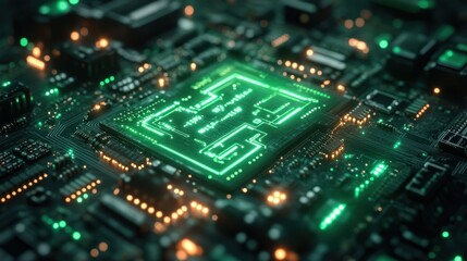 Circuit Board with Glowing Green Lines