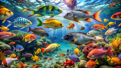 Naklejka premium Vibrant Collection of Various Freshwater and Saltwater Fish Swimming Together Underwater Scene