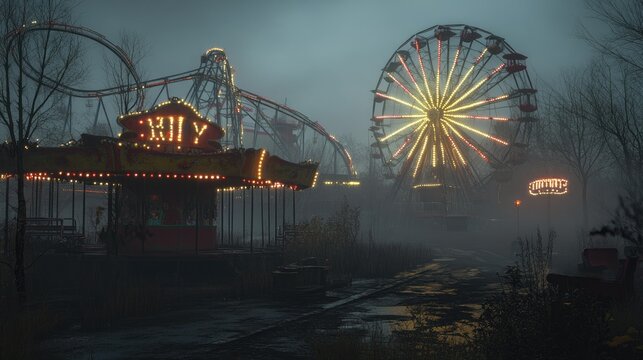 A haunted carnival scene with creepy clowns, abandoned rides, and eerie lights flickering in the fog.