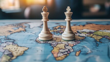 chess pieces on a world map symbolizing geopolitics, representing the discussions and movements between countries and continents in a strategic and diplomatic context