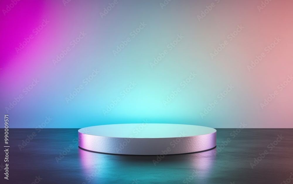 Poster minimalist glossy metal podium on dark reflective surface with iridescent light beams and monochroma