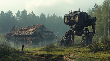 Obraz premium A Giant Robot Stands Guard Over a Desolate Wooden House in a Misty Forest