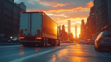 Obraz premium closeup of a delivery truck on a road, captured from the back in the soft morning light of sunrise, with a cityscape in the background, symbolizing the essence of urban logistics