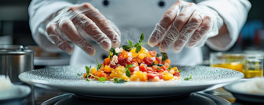 Worms-eye view of a chefs hands, macro shot revealing the molecular textures in a dish, scientific discovery infused with culinary art