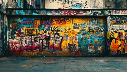 A graffiti-covered urban wall, showcasing vibrant colors, bold lines, and an edgy, artistic vibe