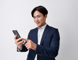 スマホを見るスーツの男性