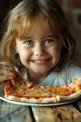 Naklejka premium Happy young girl smiling while enjoying a slice of cheesy pizza