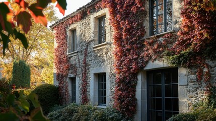 A historic stone building surrounded by ivy, with the leaves turning red and orange in the autumn sunlight.