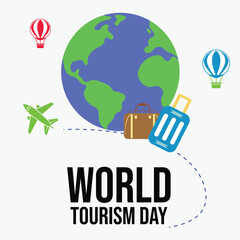 world tourism day .airplane .bag.air balloon .art  & Illustration.in white  background 