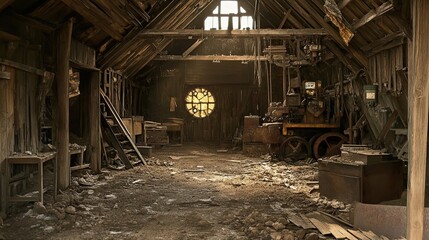 Fototapeta premium Abandoned, Dust-Covered Workshop with Rusty Machinery