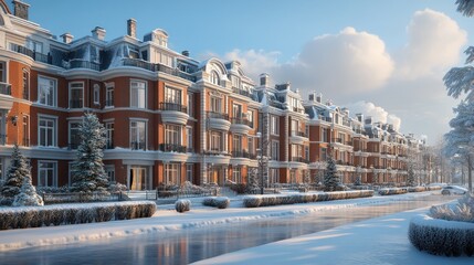 Snow-covered residential buildings along a serene canal.
