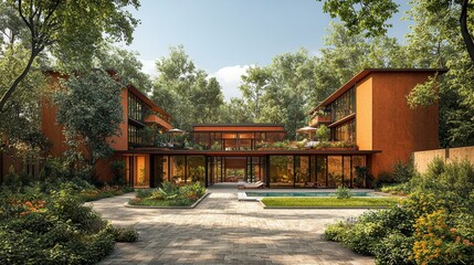 Obraz premium Modern Luxury Villa with Swimming Pool and Lush Garden