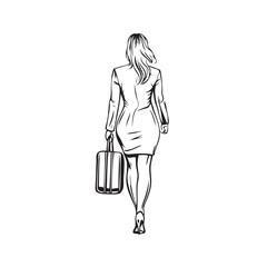 simple line drawing of business woman bring suit case,silhouette,one color vector