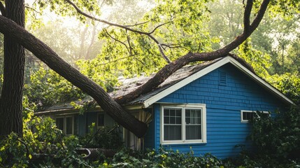 A large tree limb puncturing a house roof after a storm, highlighting the value of home insurance for disaster recovery