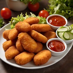 Delicious fresh Chicken Nuggets assortment with Tomato Sauce with some salad served, Chicken nuggets with crispy meat snack, Chicken nuggets made at home