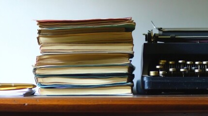 Close-Up of Shadows from Books on Wooden Desk with Vintage Typewriter, Fountain Pen, Celebrating Writing and Storytelling on National Authors Day