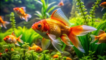 Vibrant Goldfish Swimming Gracefully in a Clear Aquarium with Lush Green Aquatic Plants Surrounding