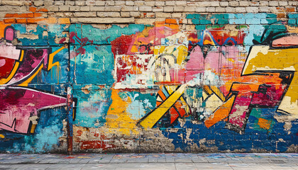Obraz premium A graffiti-covered urban wall, showcasing vibrant colors, bold lines, and an edgy, artistic vibe