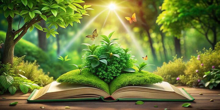 Vibrant Green Book Surrounded by Nature and Leafy Background for Eco-Friendly Themes and Designs