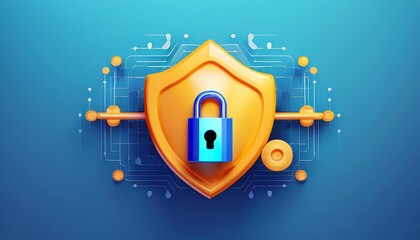 A digital shield with a padlock signifies cybersecurity, protection, and data safety, emphasizing security in a tech-driven world.