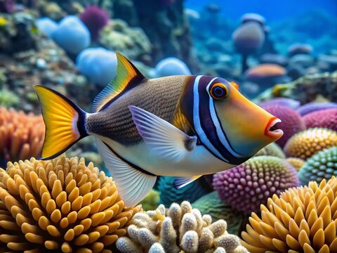 Vibrant Hawaiian Reef Triggerfish Swimming Among Coral in Clear Tropical Waters of the Pacific Ocean