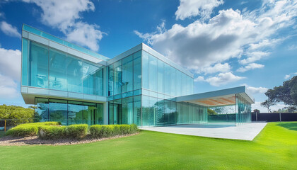 Perspective of high rise building and dark steel window system with clouds reflected on the glass.Business concept of future architecture,lookup to the angle of the building corner. 3d rendering