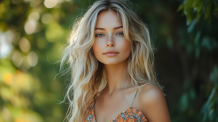 Portrait of a Beautiful Blonde Woman with Long Wavy Hair and Freckles in Nature