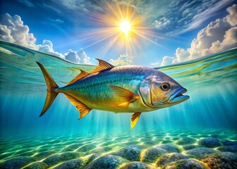 Vibrant King Fish Swimming Gracefully in Crystal Clear Ocean Waters Under Bright Sunlight