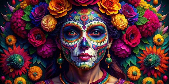 Vibrant La Catrina Skull Decorated with Flowers and Traditional Patterns for Day of the Dead Celebration