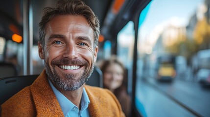 happy businessman on a public bus, traveling to work while reducing air pollution, illustrating his commitment to sustainable commuting and a green lifestyle in an urban environment